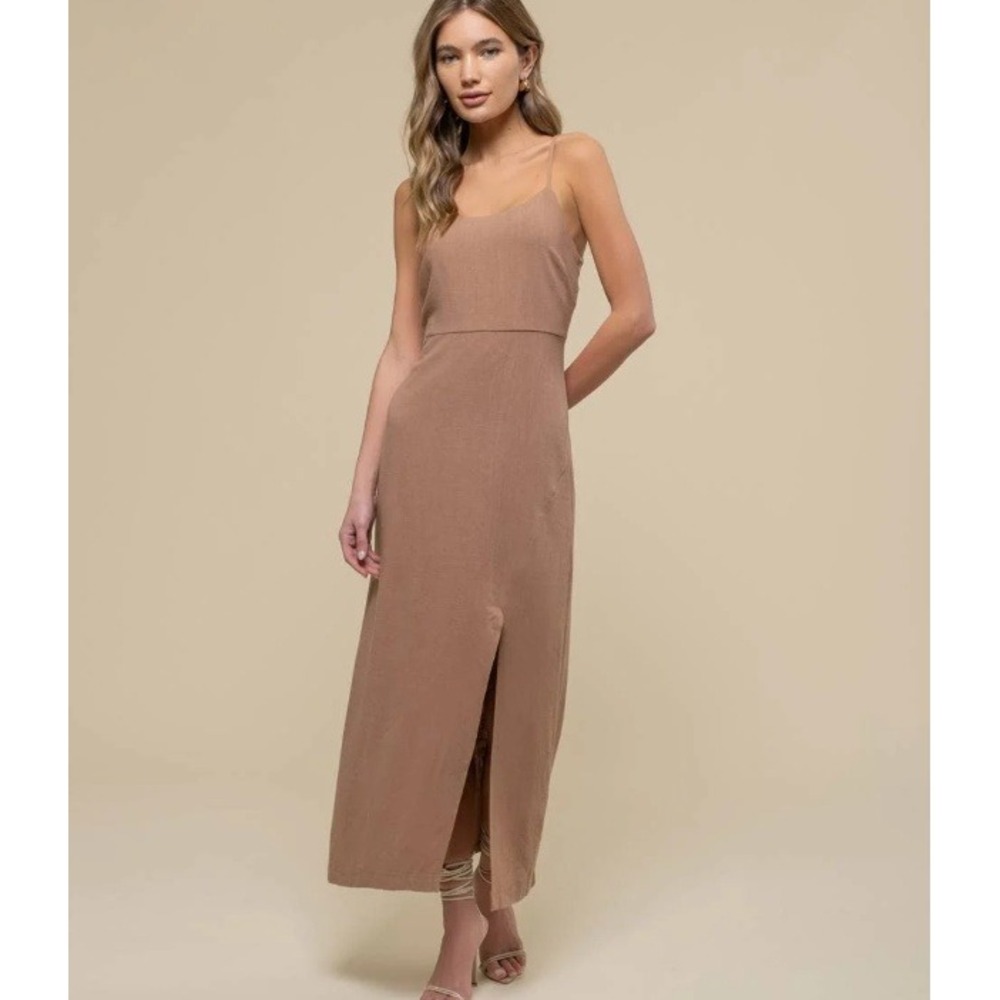 The Workshop Maxi Dress Almond Brown Linen Blend Open Back Minimalist Neutral L - Picture 1 of 9